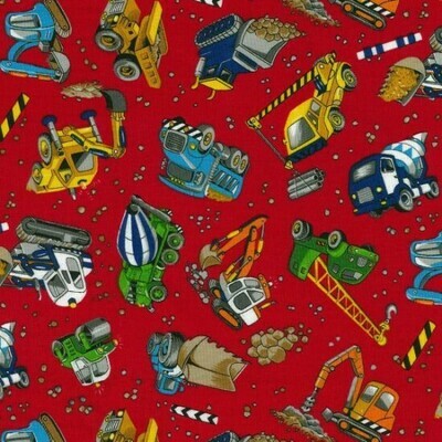 Construction Diggers Red - Cotton - From 0.5 Metre
