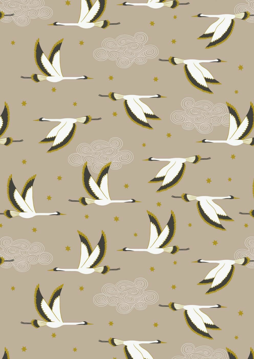 Herons Flying Beige with Metallic - Cotton - By Metre