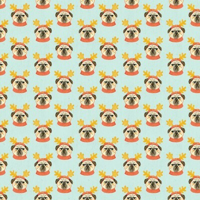 Christmas Pug Dogs Blue - Cotton - END BOLT 250 CM X 110 CM