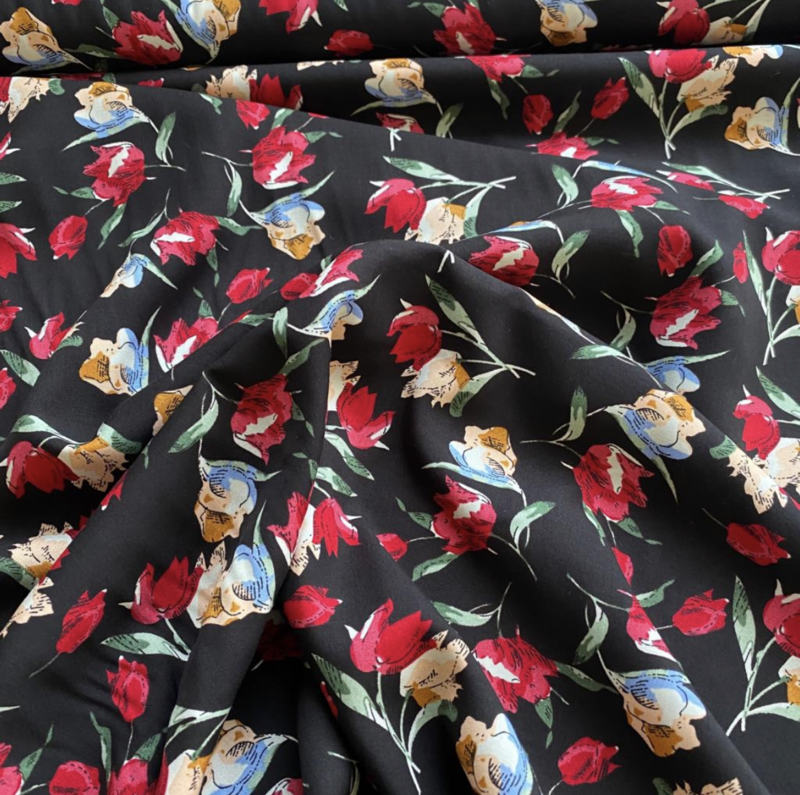 Tulips Black - Viscose Dress Fabric - BY METRE