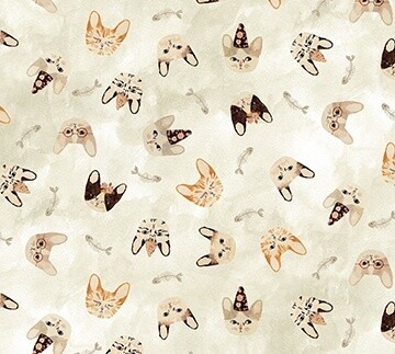 Cats Faces & Fish Bones - Cotton Fabric - From 0.5 Metre