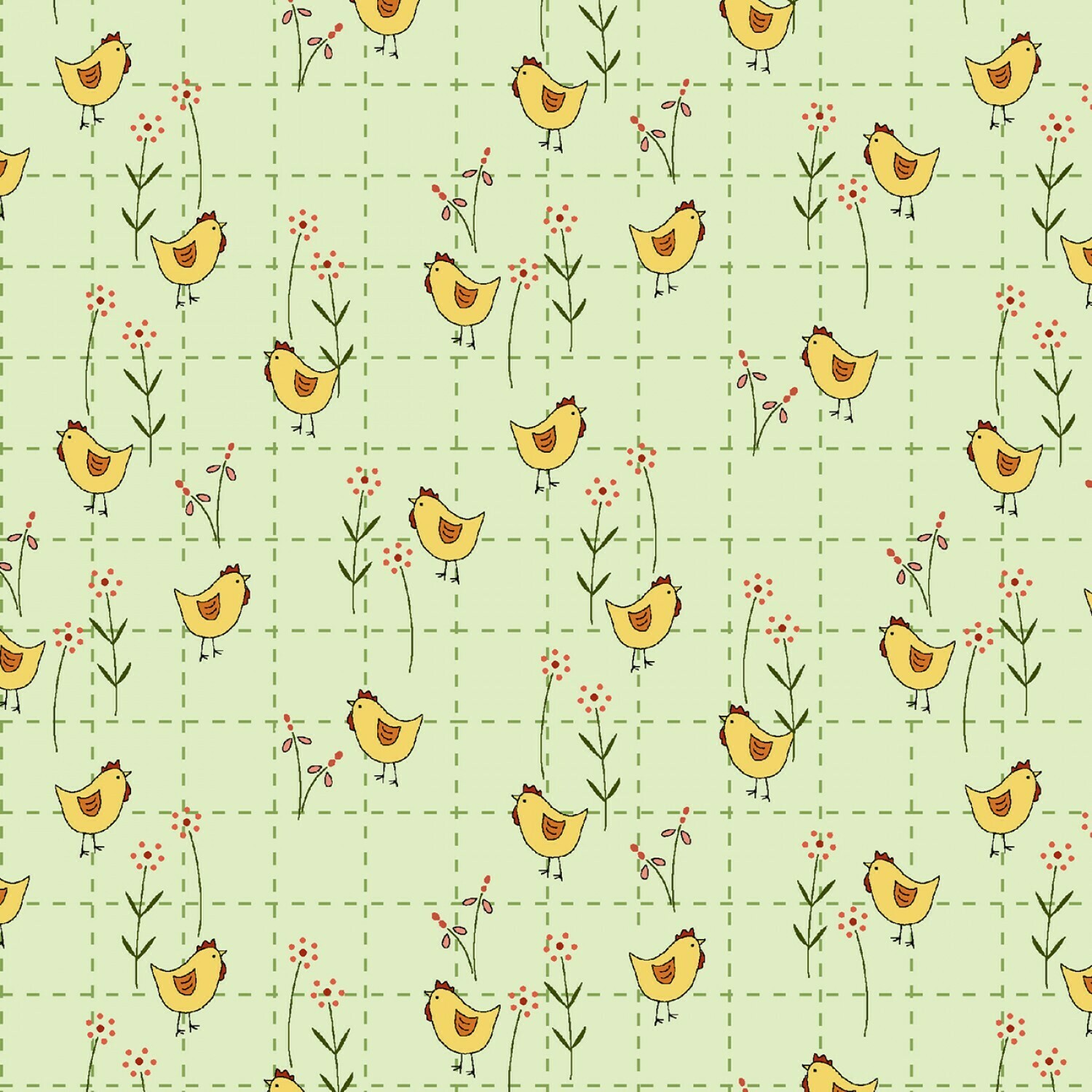 Chickens Green - Cotton - From 0.5 Metre
