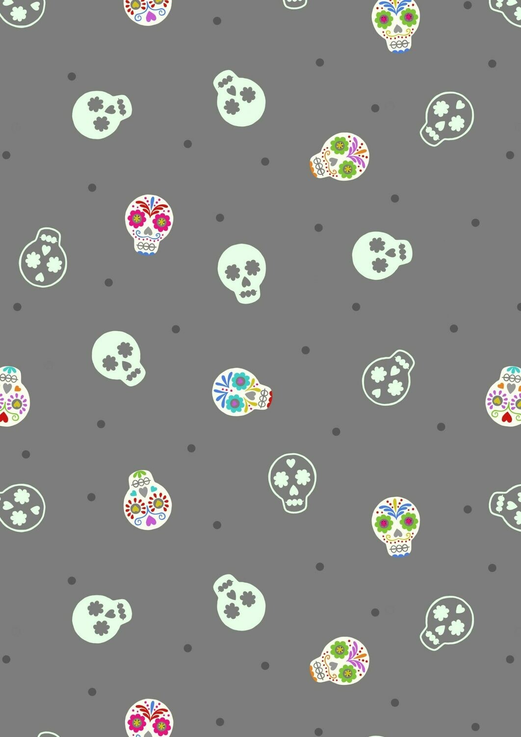 Sugar Skulls Grey - GLOW IN THE DARK - Cotton - By Metre