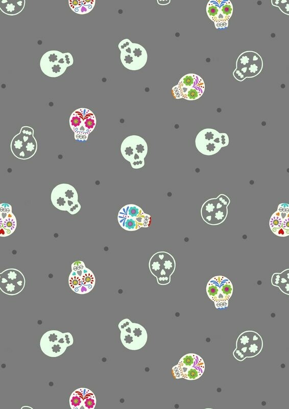 Sugar Skulls Grey - GLOW IN THE DARK - Cotton - By Metre
