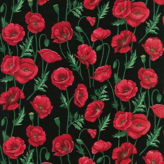 Poppies Stems Black - Cotton - From Fat Quarter