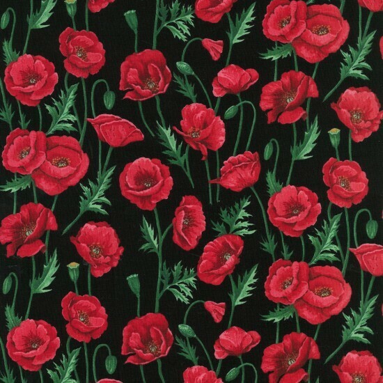 Poppies Stems Black  - Cotton - By Metre