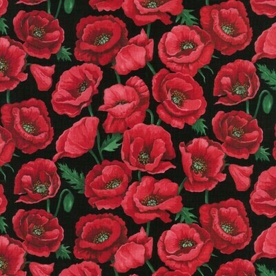 Poppies Black - Cotton - From 0.5 Metre