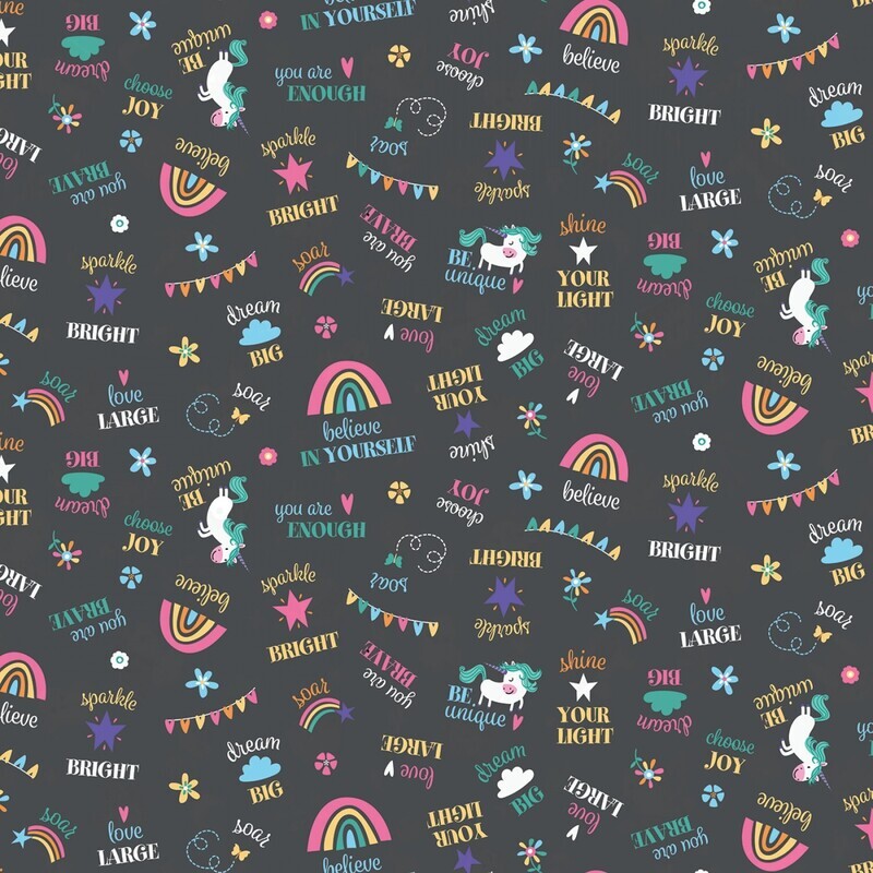 Unicorns Words Black - Cotton - END BOLT 170 CM X 110 CM