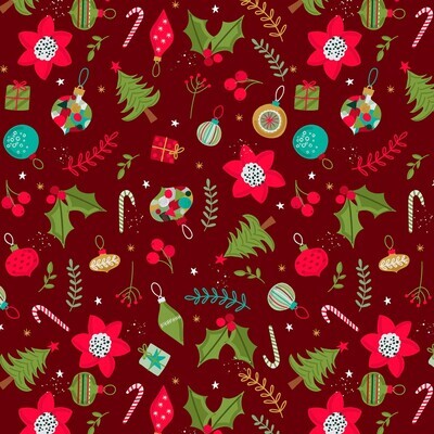 Christmas Ornaments Red - Cotton - REMNANT 100 CM X 110 CM