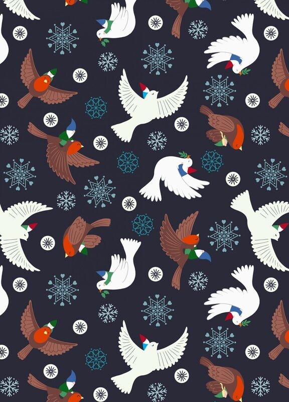 Doves Christmas Gnomes Charcoal Black -  GLOW IN THE DARK - Cotton - By Metre
