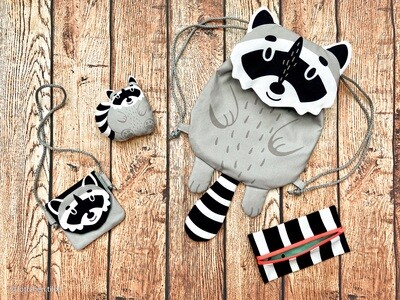 Raccoon Backpack, Rucksacks, Neck Pouch, Pencil Case &amp; Stuffed Animal - Cotton Canvas - PANEL