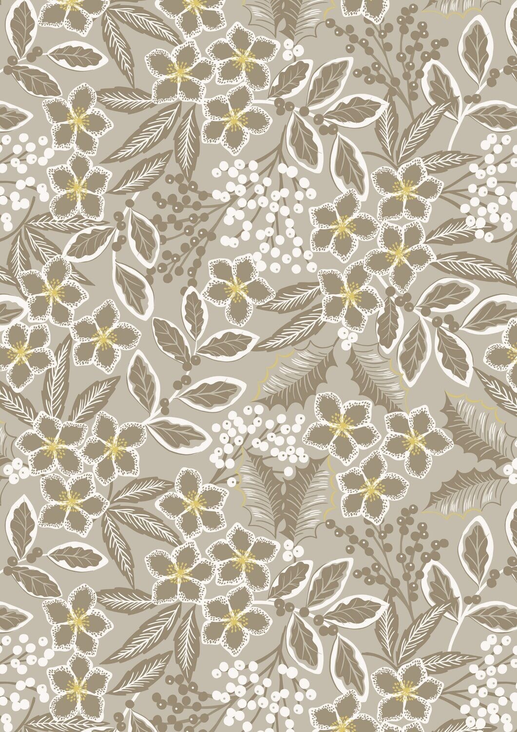 Winter Floral Natural with Gold Metallic - Cotton - By Metre