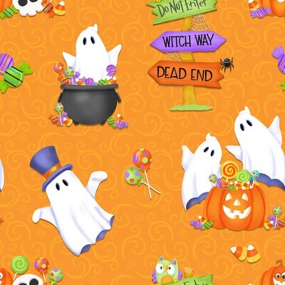 Ghosts Pumpkins Candy Orange GLOW IN THE DARK - Cotton - From 0.5 Metre