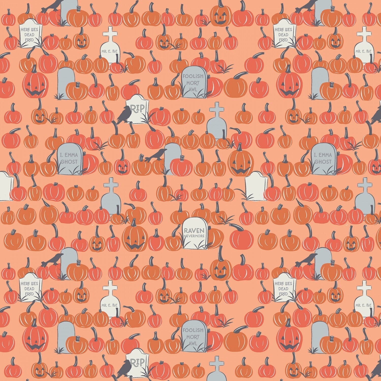 Halloween Graveyard Orange - Cotton - From 0.5 Metre