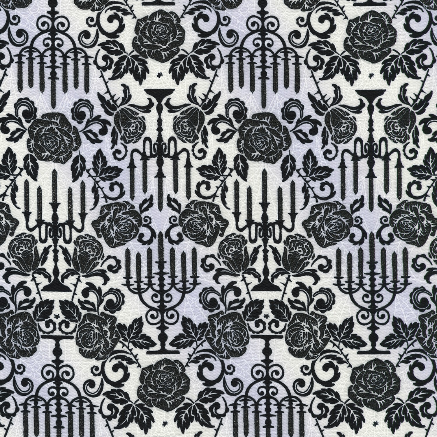 Halloween Roses Damask Black White - Cotton - By Metre