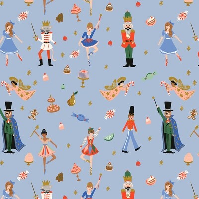Nutcracker Land of Sweets Christmas Blue Metallic - By Rifle Paper Co for Cotton & Steel - Cotton - By 0.5 Metre