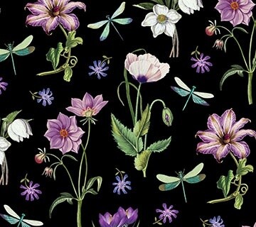 Wild Flowers Scatter Black - Cotton - From 0.5 Metre