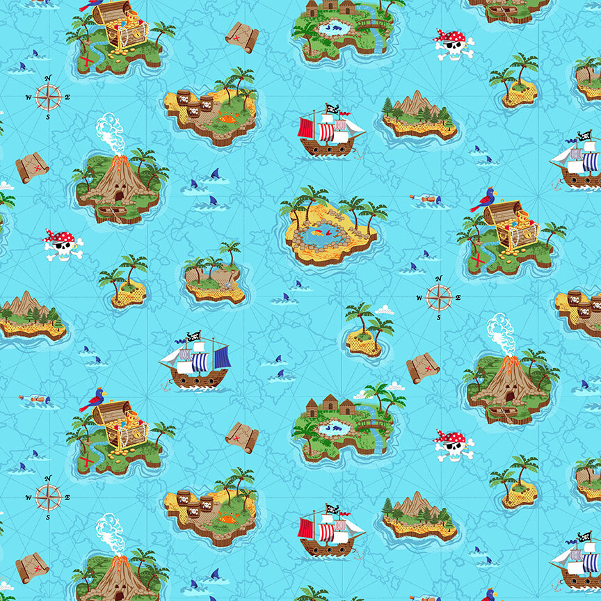 Pirate Islands Blue - Cotton - From 0.5 Metre