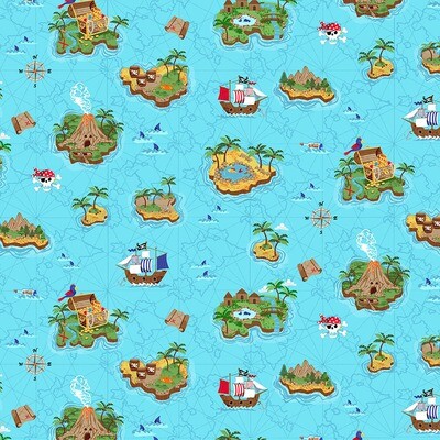 Pirate Islands Blue - Cotton - From 0.5 Metre