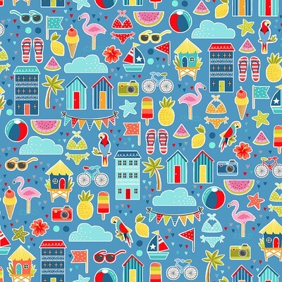 Pool Beach Party Blue - Cotton - From 0.5 Metre