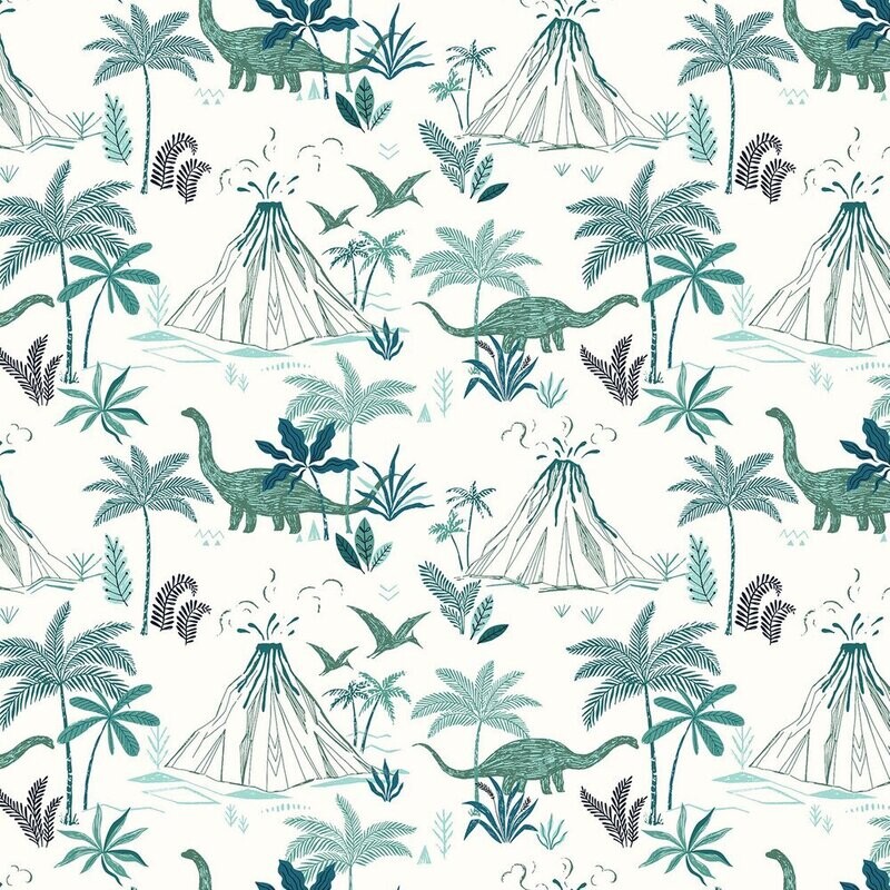 Dinosaurs Volcanoes White - Cotton - Oeko-Tex Standard 100 - REMNANT 250 CM X 110 CM