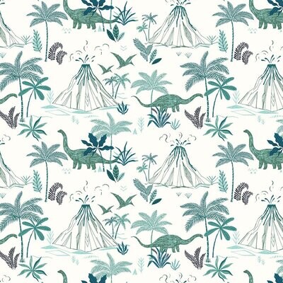 Dinosaurs Volcanoes White - Cotton - Oeko-Tex Standard 100 - REMNANT 250 CM X 110 CM
