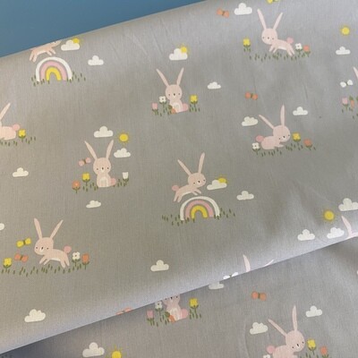 Bunny Rainbow Grey - Cotton Poplin - From Metre