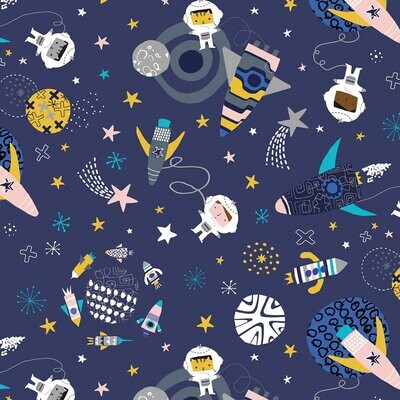 Space Rockets Navy - Cotton - From Fat Quarter