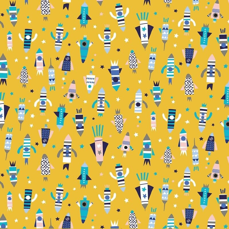 Space Rockets Yellow - Cotton - REMNANT 180 CM X 110 CM