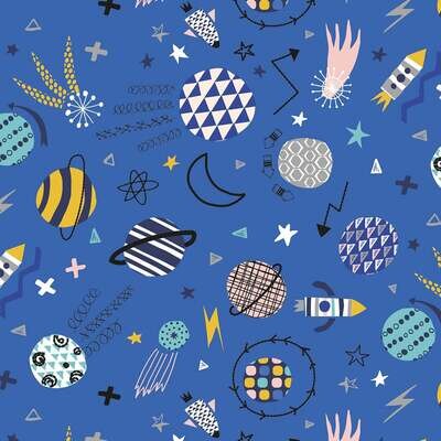Space Rockets Moons Blue - Cotton - From Fat Quarter