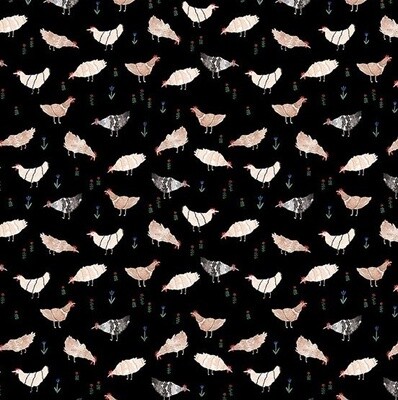 Chickens Black - Cotton - From 0.5 Metre