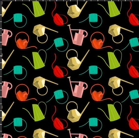 Watering Cans Black - Cotton - From Fat Quarter