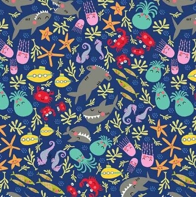 Sea Life Navy - Cotton - From 0.5 Metre