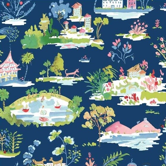 Japan Scenes Blue - Cotton - REMNANT 70 CM X 110 CM