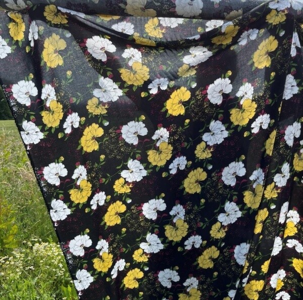 Floral Mustard on Black - Viscose Dress Fabric - REMNANT 200 CM X 140 CM