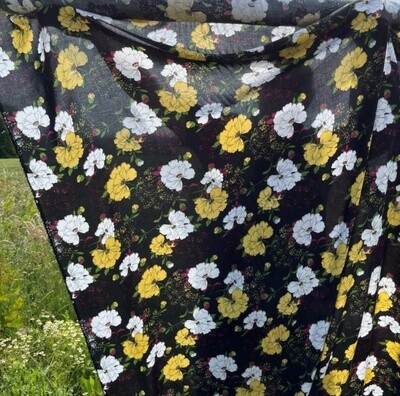 Floral Mustard on Black - Viscose Dress Fabric - BY METRE