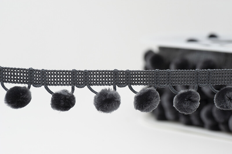 Dark Grey - 15 mm Pom Pom Trim - by Metre