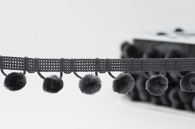 Dark Grey - 15 mm Pom Pom Trim - by Metre