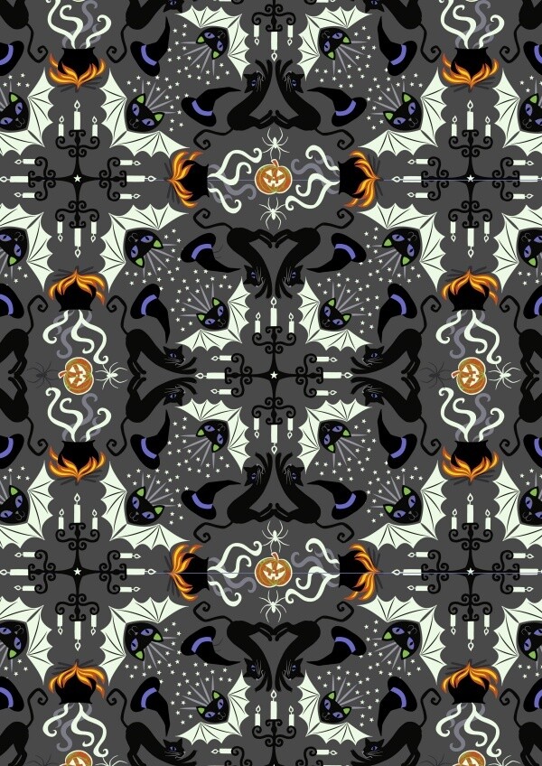 Hats Cats &amp; Bats Grey Halloween - GLOW IN THE DARK - Cotton - By Metre