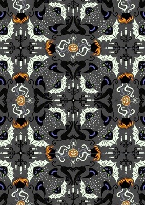 Hats Cats &amp; Bats Grey Halloween - GLOW IN THE DARK - Cotton - From 0.5 Metre