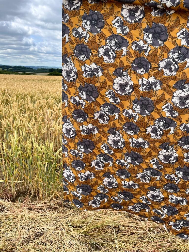 Floral Mustard - Viscose Dress Fabric - BY METRE