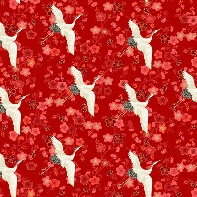 Cranes Red - Cotton - REMNANT 145 CM X 110 CM