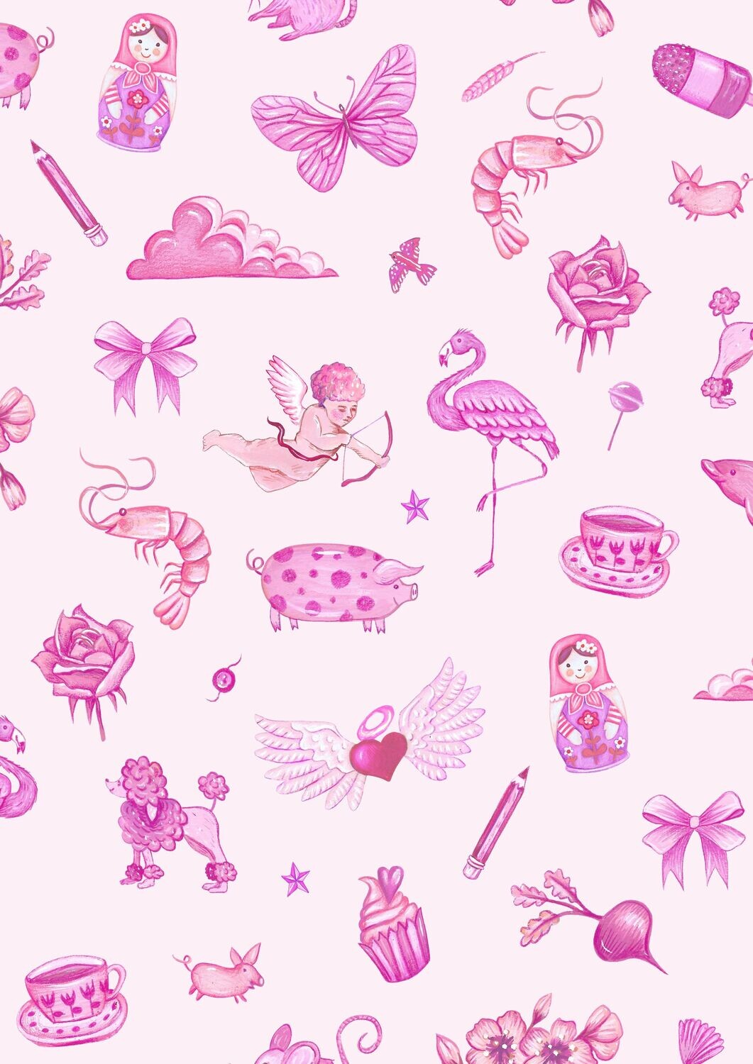 Funky Objects Pink - Cotton - By Metre