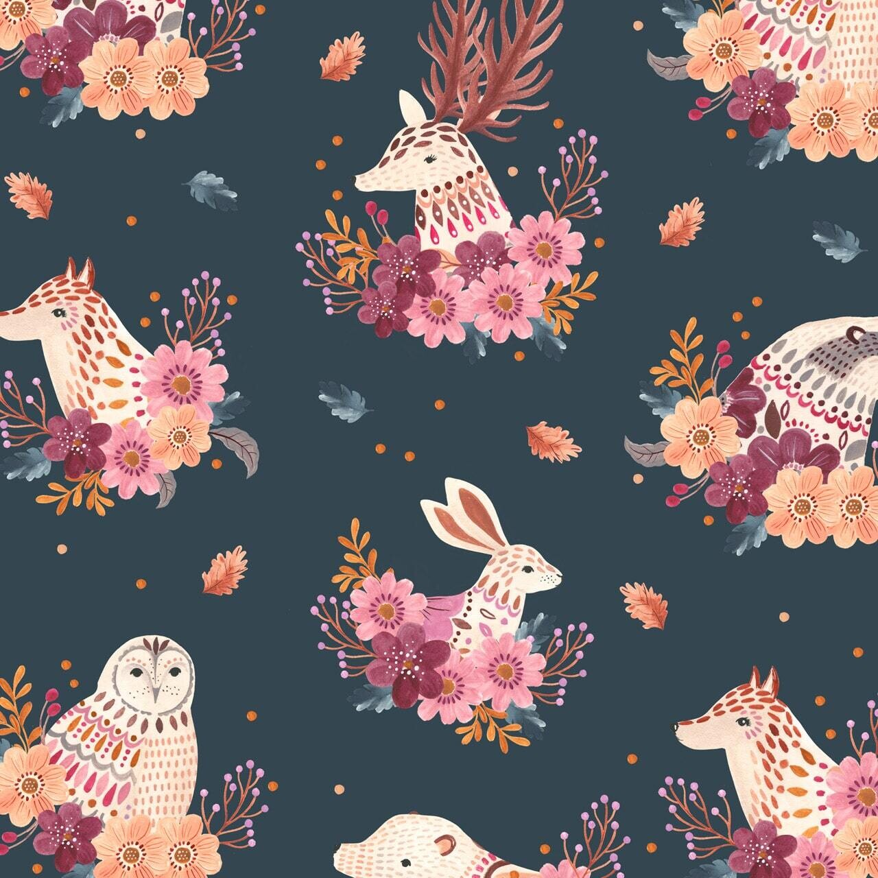 Woodland Animals Floral - Cotton - By Metre