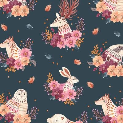 Woodland Animals Floral - Cotton - From 0.5 Metre