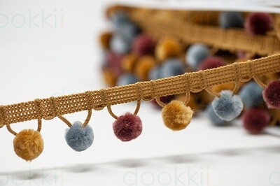 Gold Grey &amp; Mulberry - 15 mm Pom Pom - by Metre