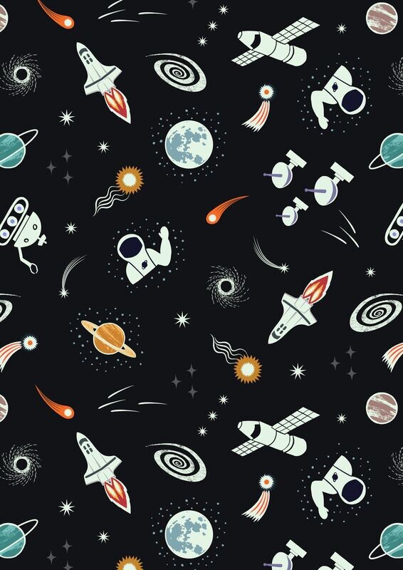 Space Small Things Black - GLOW IN THE DARK - Cotton - REMNANT 60 CM X 110 CM