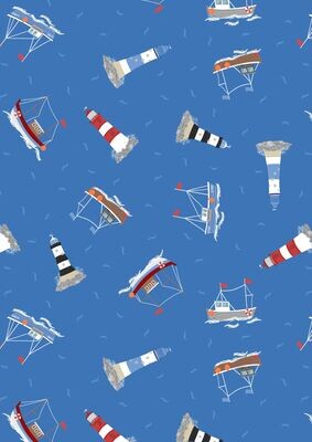 Boats Lighthouses Bright Blue - Cotton - From Fat Quarter