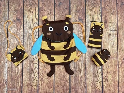 Bee Backpack/Rucksack, Neck Pouch, Pencil Case &amp; Stuffed Animal - Cotton Canvas - PANEL