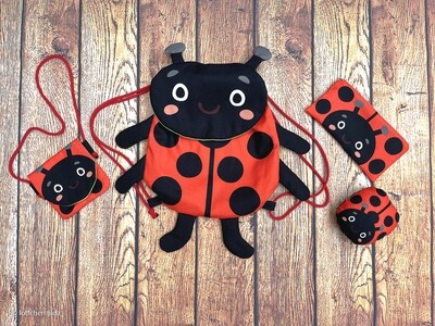 Ladybird Backpack/Rucksack, Neck Pouch, Pencil Case &amp; Stuffed Animal - Cotton Canvas - PANEL